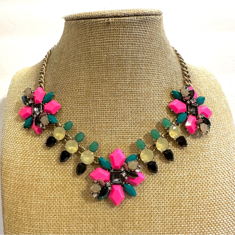 J. Crew Statement Necklace Neon Pink w/ black, yellow & green jewels rhinestones